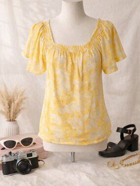 Yellow Floral Blouse Cottagecore Summer Top Small 100% Cotton